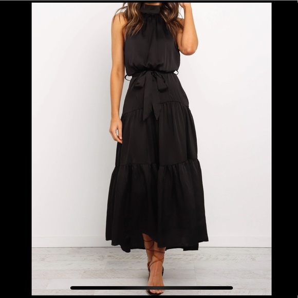 Black Halter Maxi Dress with Tie Waist - Picture 1 of 5